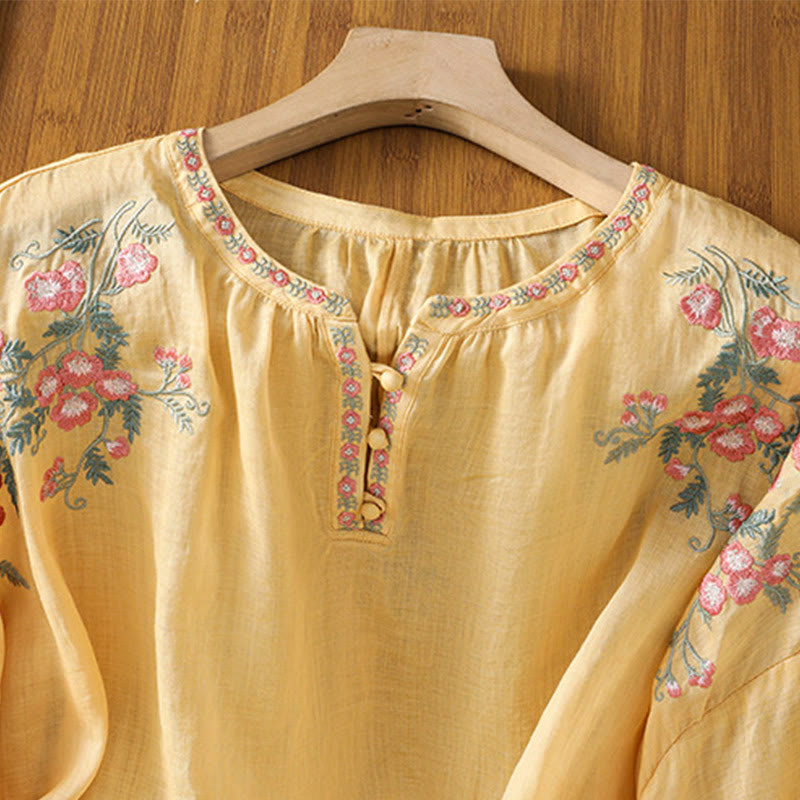 Chemise en coton pour femme, manches trois-quarts, col cranté, broderie Buddha Stones - image 3