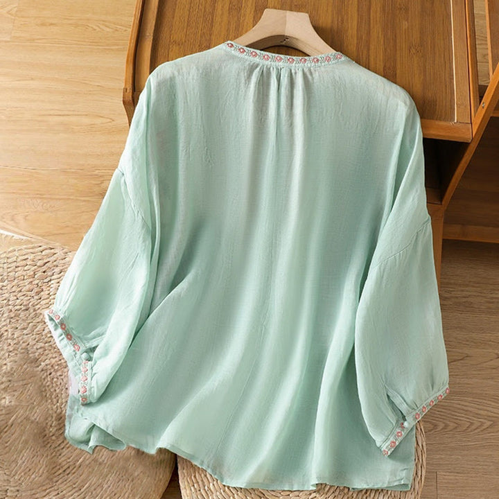 Chemise en coton pour femme, manches trois-quarts, col cranté, broderie Buddha Stones - image 26