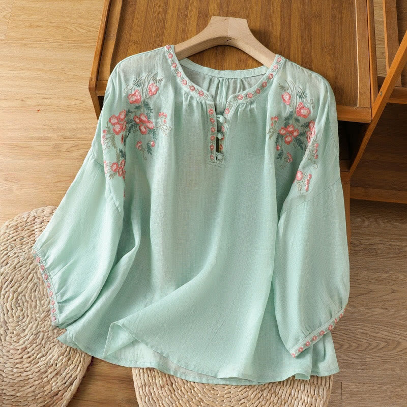 Chemise en coton pour femme, manches trois-quarts, col cranté, broderie Buddha Stones - Bleu vert - US12，UK/AU16，EU44 (2XL) - image 25