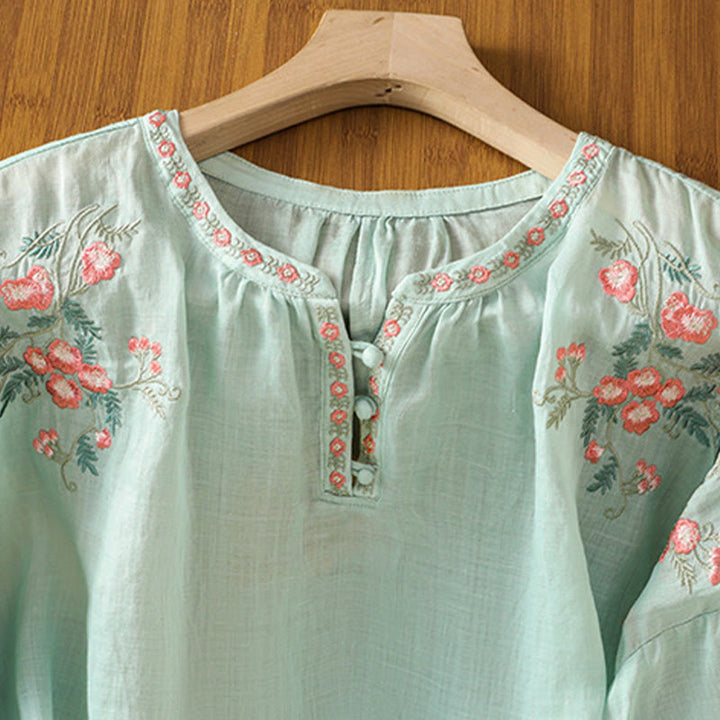 Chemise en coton pour femme, manches trois-quarts, col cranté, broderie Buddha Stones - image 27