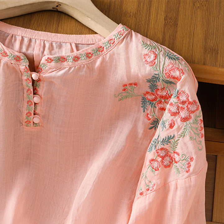 Chemise en coton pour femme, manches trois-quarts, col cranté, broderie Buddha Stones - image 11