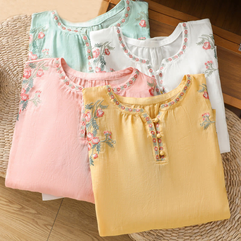 Chemise en coton pour femme, manches trois-quarts, col cranté, broderie Buddha Stones - image 32