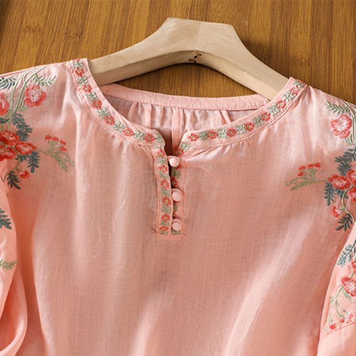 Chemise en coton pour femme, manches trois-quarts, col cranté, broderie Buddha Stones - image 10