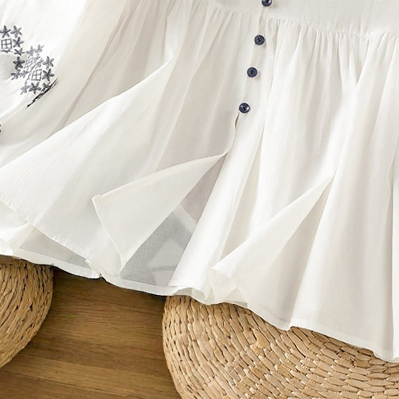 Chemise en coton pour femme, manches longues lanternes, boutons plissés, broderies de Buddha Stones - image 8