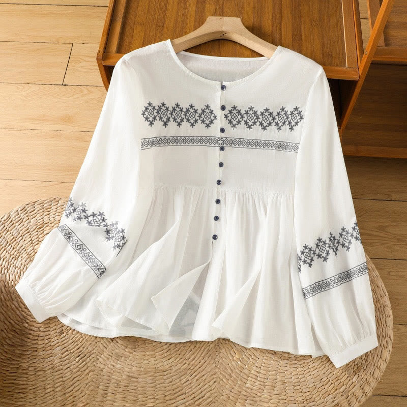 Chemise en coton pour femme, manches longues lanternes, boutons plissés, broderies de Buddha Stones - Blanc - US12，UK/AU16，EU44 (2XL) - image 1
