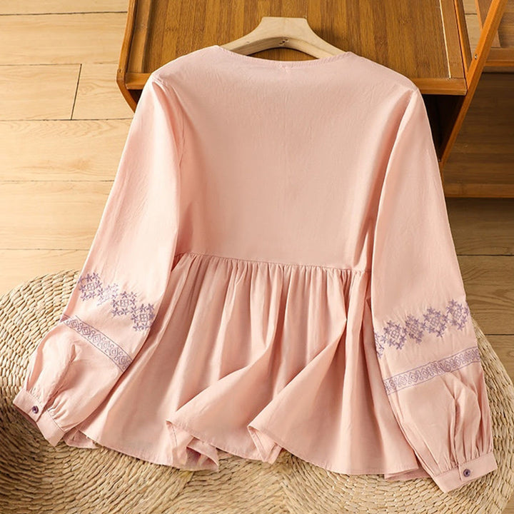 Chemise en coton pour femme, manches longues lanternes, boutons plissés, broderies de Buddha Stones - image 11