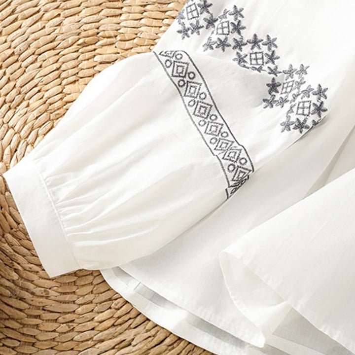 Chemise en coton pour femme, manches longues lanternes, boutons plissés, broderies de Buddha Stones - image 7