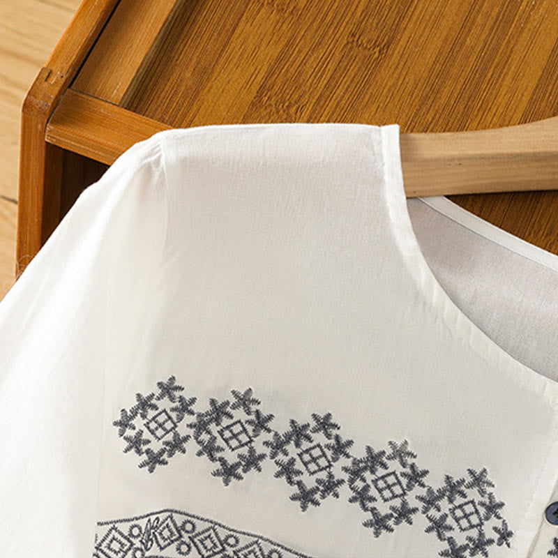 Chemise en coton pour femme, manches longues lanternes, boutons plissés, broderies de Buddha Stones - image 3