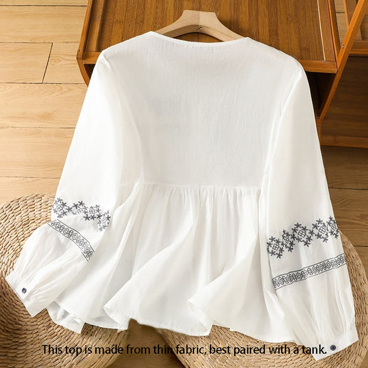 Chemise en coton pour femme, manches longues lanternes, boutons plissés, broderies de Buddha Stones - image 2