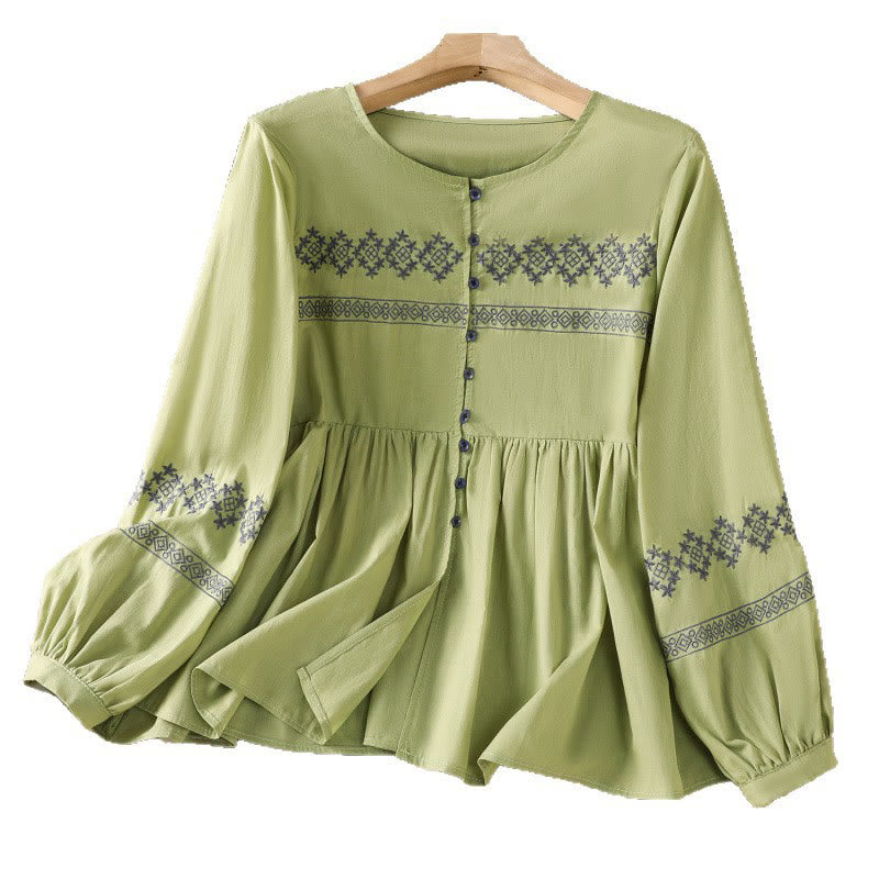 Chemise en coton pour femme, manches longues lanternes, boutons plissés, broderies de Buddha Stones - image 29
