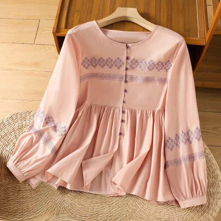 Chemise en coton pour femme, manches longues lanternes, boutons plissés, broderies de Buddha Stones - Saumon clair - US12，UK/AU16，EU44 (2XL) - image 9
