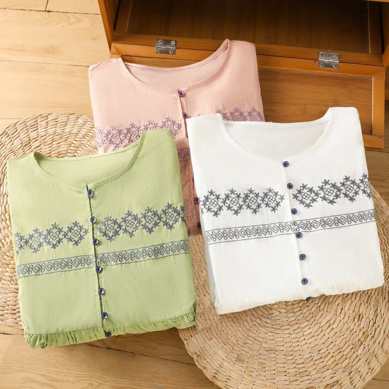 Chemise en coton pour femme, manches longues lanternes, boutons plissés, broderies de Buddha Stones - image 31