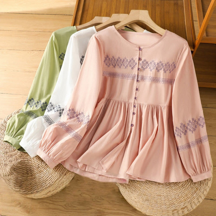 Chemise en coton pour femme, manches longues lanternes, boutons plissés, broderies de Buddha Stones - image 30