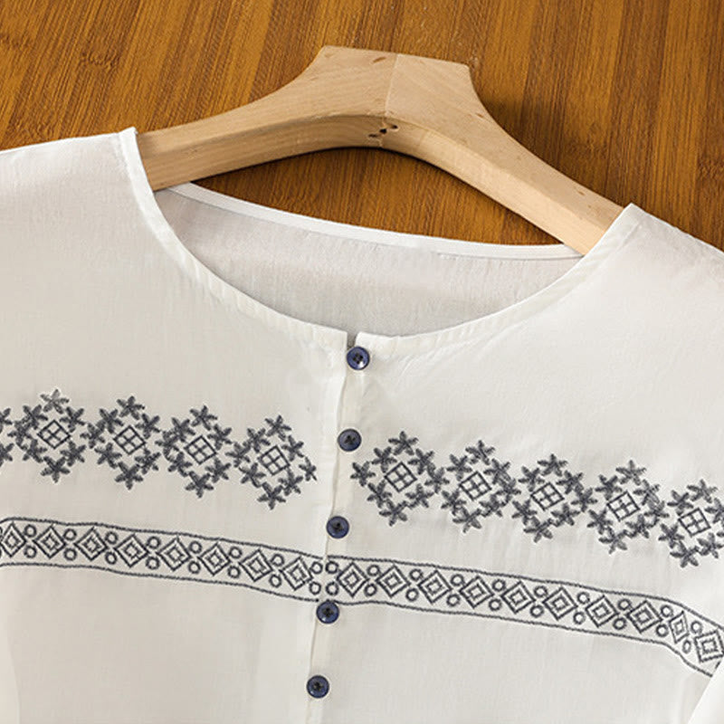 Chemise en coton pour femme, manches longues lanternes, boutons plissés, broderies de Buddha Stones - image 3