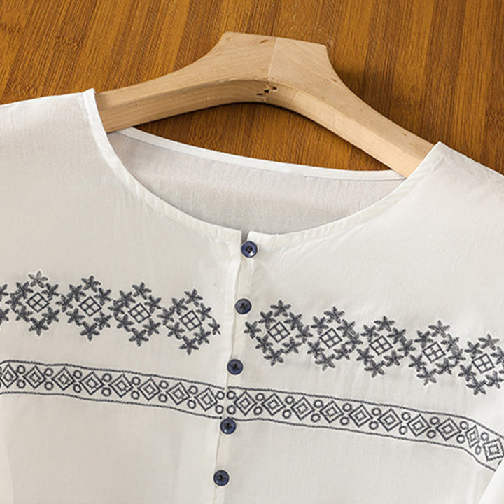 Chemise en coton pour femme, manches longues lanternes, boutons plissés, broderies de Buddha Stones - image 3