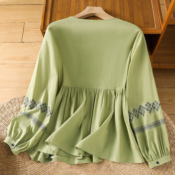 Chemise en coton pour femme, manches longues lanternes, boutons plissés, broderies de Buddha Stones - image 21