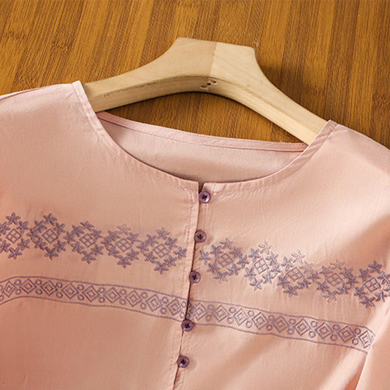 Chemise en coton pour femme, manches longues lanternes, boutons plissés, broderies de Buddha Stones - image 11