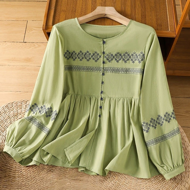Chemise en coton pour femme, manches longues lanternes, boutons plissés, broderies de Buddha Stones - JauneVert - US12，UK/AU16，EU44 (2XL) - image 19
