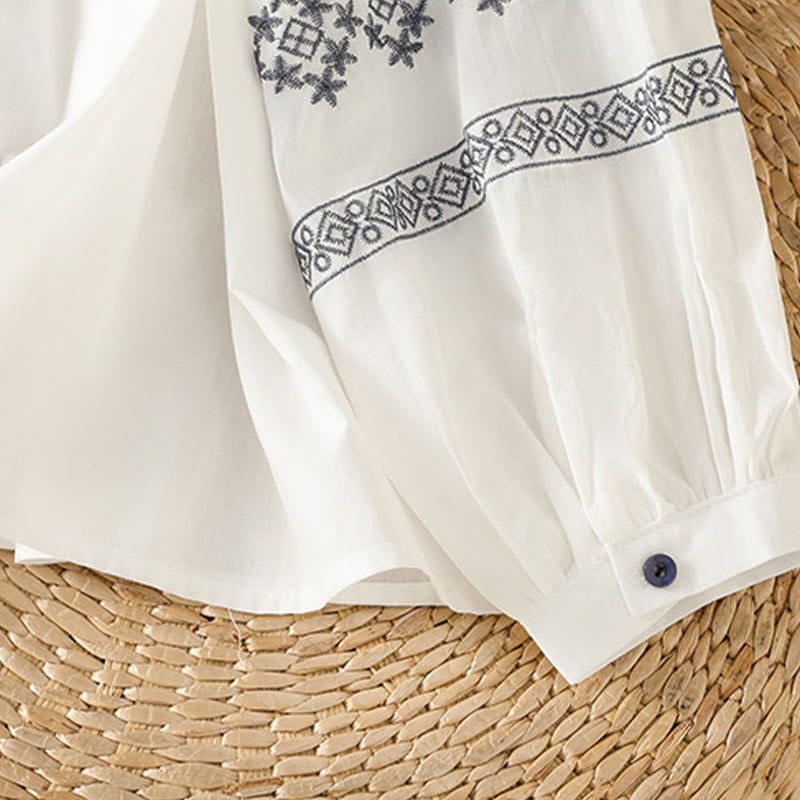 Chemise en coton pour femme, manches longues lanternes, boutons plissés, broderies de Buddha Stones - image 7