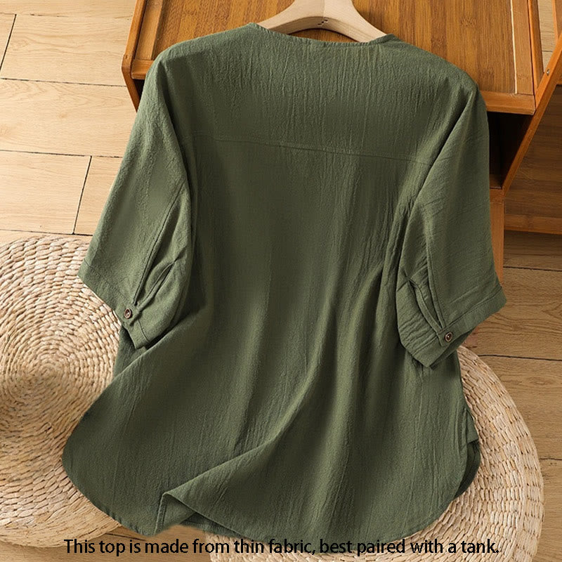 Chemise décontractée en coton et lin à manches mi-longues et boutons unis avec poches pour femme Motif Buddha Stones - image 1