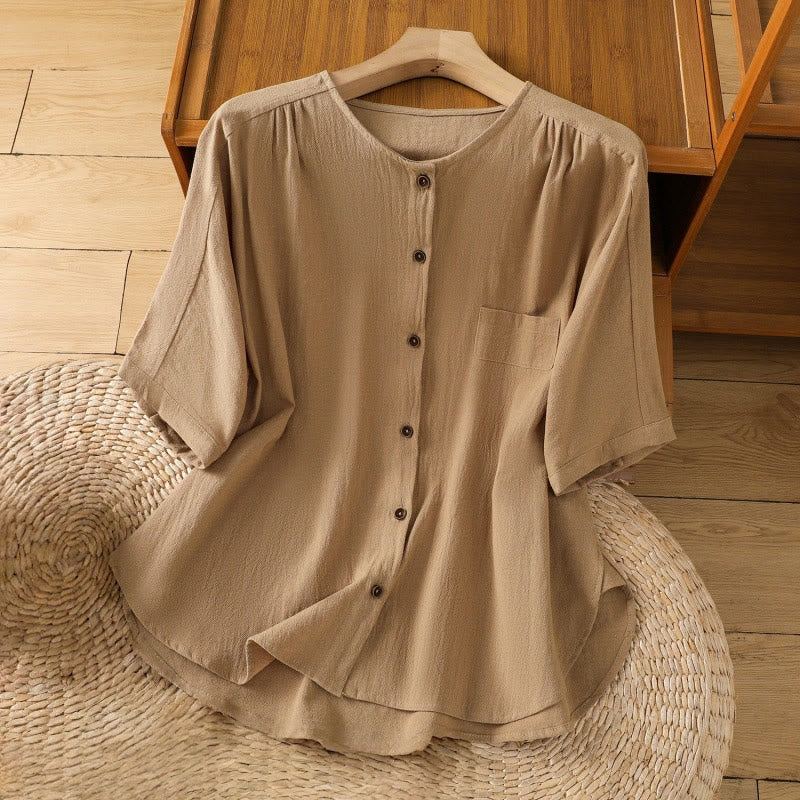 Chemise décontractée en coton et lin à manches mi-longues et boutons unis avec poches pour femme Motif Buddha Stones - Verge d'or - US8-10，UK/AU12-14，EU40-42 (2XL) - image 25