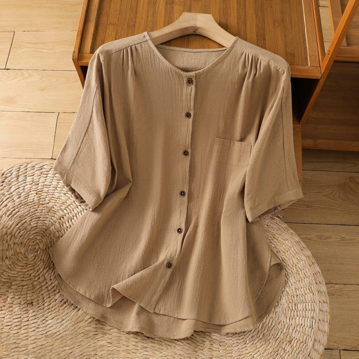 Chemise décontractée en coton et lin à manches mi-longues et boutons unis avec poches pour femme Motif Buddha Stones - Verge d'or - US8-10，UK/AU12-14，EU40-42 (2XL) - image 25