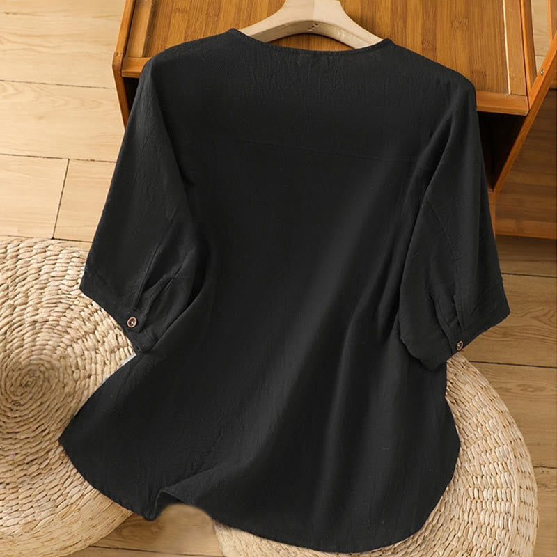 Chemise décontractée en coton et lin à manches mi-longues et boutons unis avec poches pour femme Motif Buddha Stones - image 10