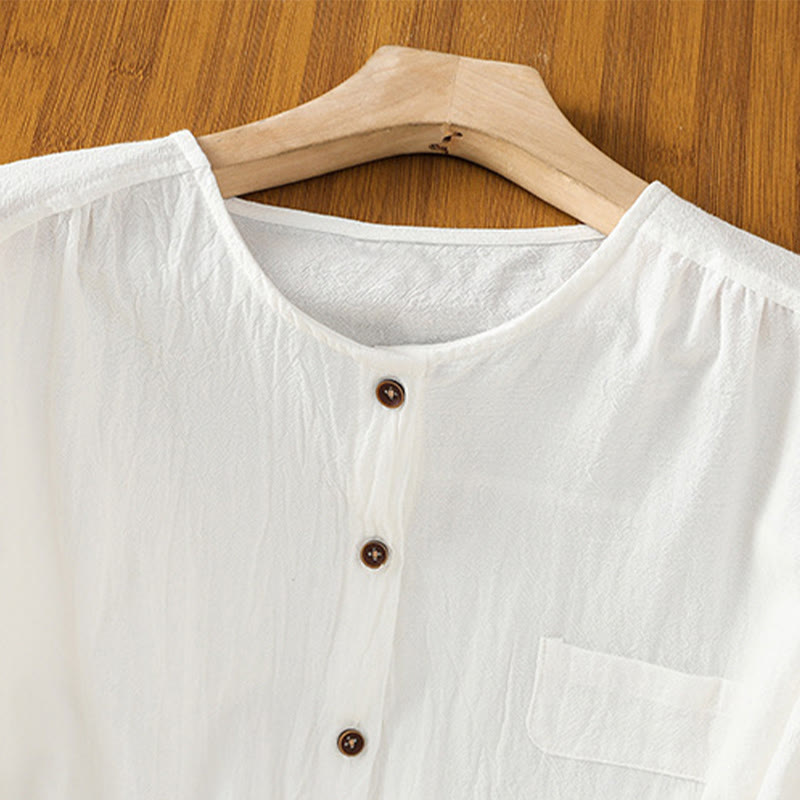 Chemise décontractée en coton et lin à manches mi-longues et boutons unis avec poches pour femme Motif Buddha Stones - image 20