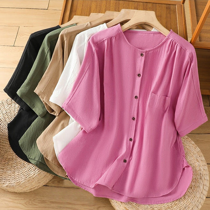 Chemise décontractée en coton et lin à manches mi-longues et boutons unis avec poches pour femme Motif Buddha Stones - image 40