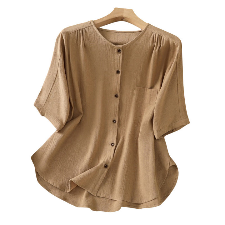 Chemise décontractée en coton et lin à manches mi-longues et boutons unis avec poches pour femme Motif Buddha Stones - image 34