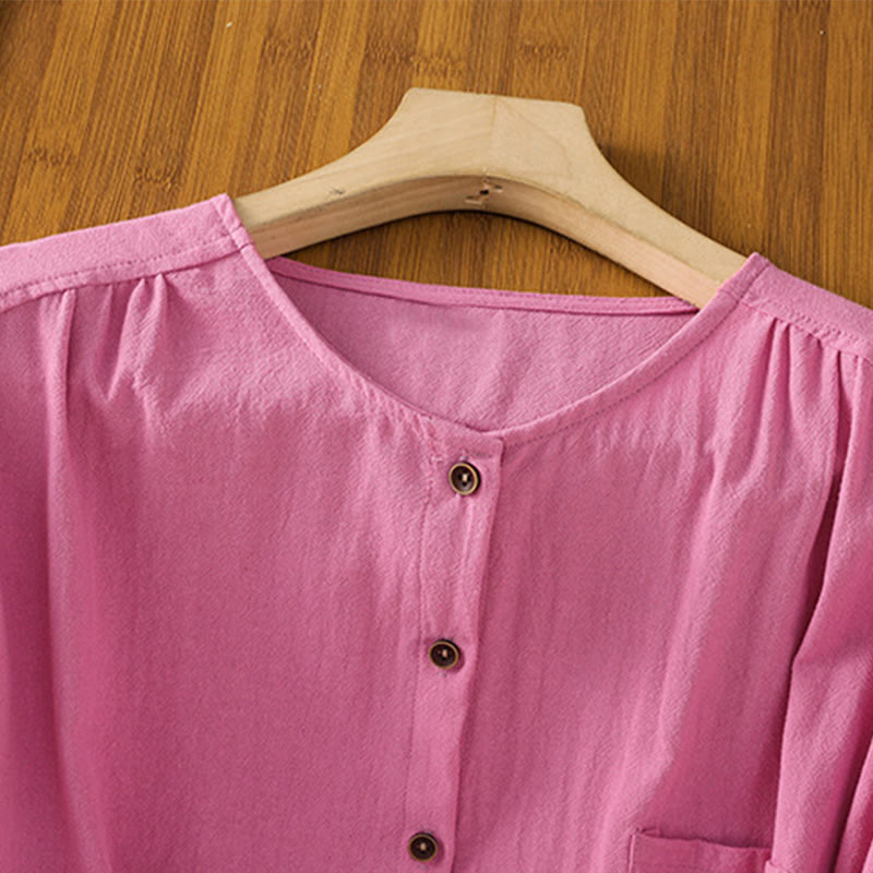 Chemise décontractée en coton et lin à manches mi-longues et boutons unis avec poches pour femme Motif Buddha Stones - image 37