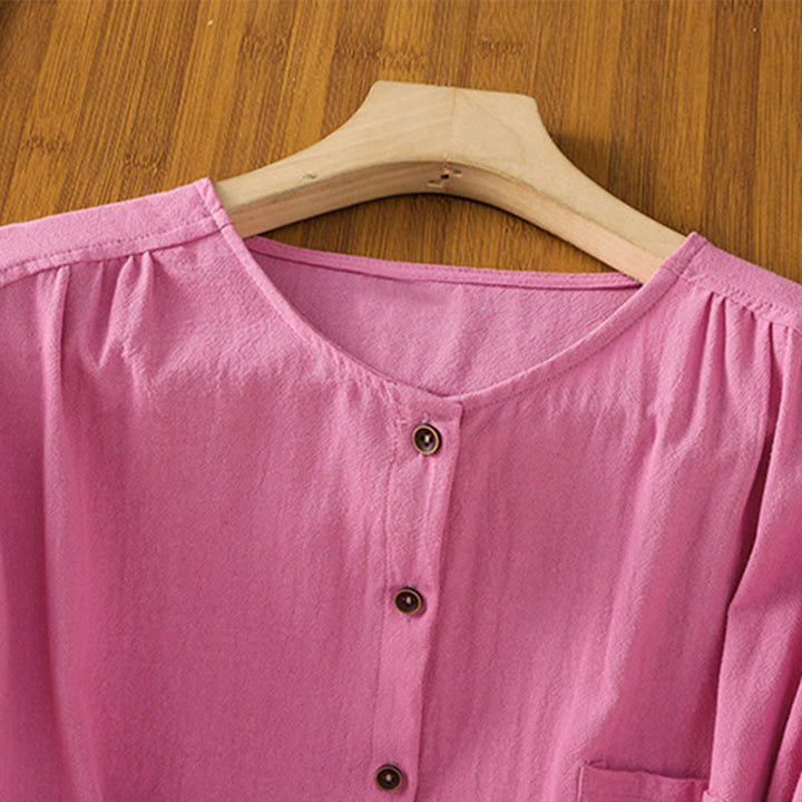 Chemise décontractée en coton et lin à manches mi-longues et boutons unis avec poches pour femme Motif Buddha Stones - image 37