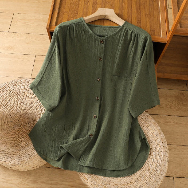 Chemise décontractée en coton et lin à manches mi-longues et boutons unis avec poches pour femme Motif Buddha Stones - Vert foncé - US8-10，UK/AU12-14，EU40-42 (2XL) - image 0