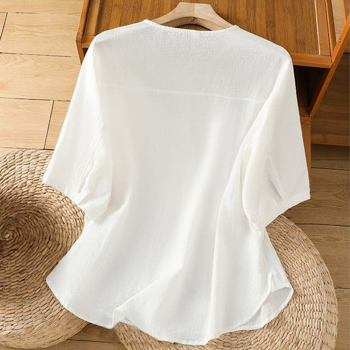 Chemise décontractée en coton et lin à manches mi-longues et boutons unis avec poches pour femme Motif Buddha Stones - image 18