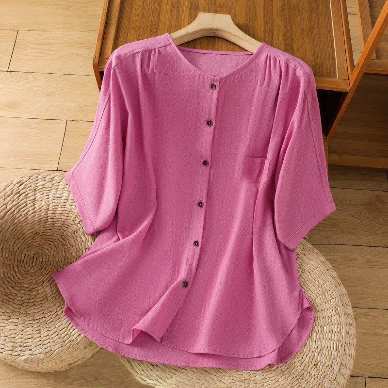 Chemise décontractée en coton et lin à manches mi-longues et boutons unis avec poches pour femme Motif Buddha Stones - Rose profond - US8-10，UK/AU12-14，EU40-42 (2XL) - image 35