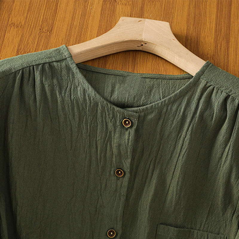 Chemise décontractée en coton et lin à manches mi-longues et boutons unis avec poches pour femme Motif Buddha Stones - image 2