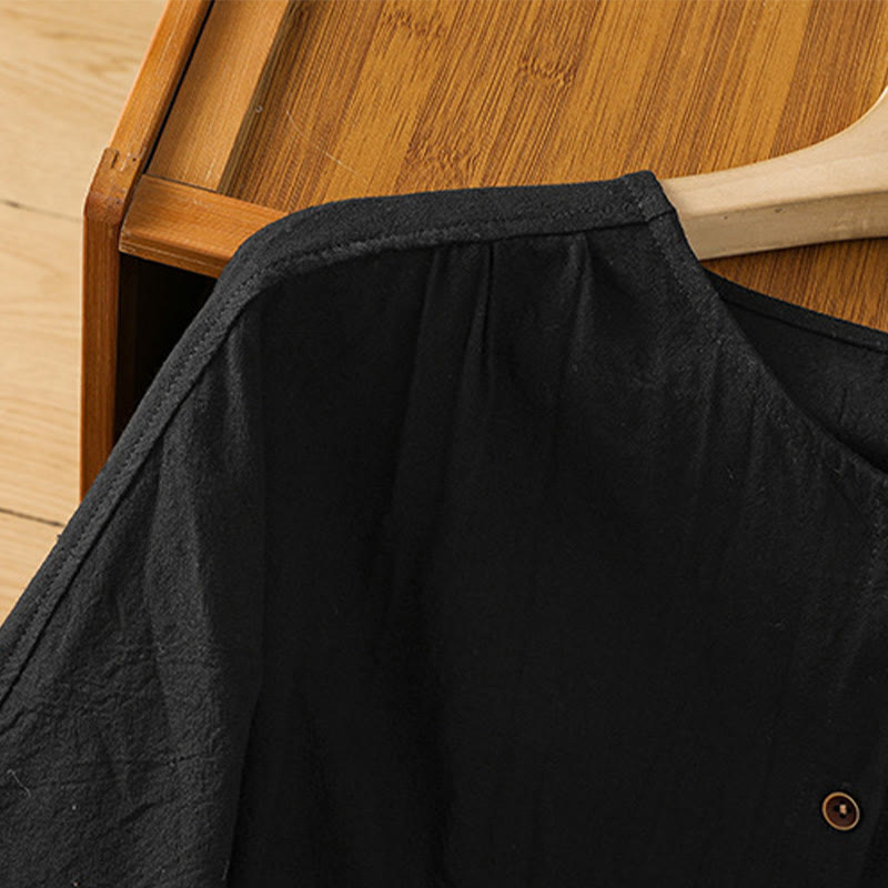 Chemise décontractée en coton et lin à manches mi-longues et boutons unis avec poches pour femme Motif Buddha Stones - image 11