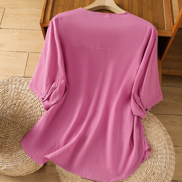 Chemise décontractée en coton et lin à manches mi-longues et boutons unis avec poches pour femme Motif Buddha Stones - image 36