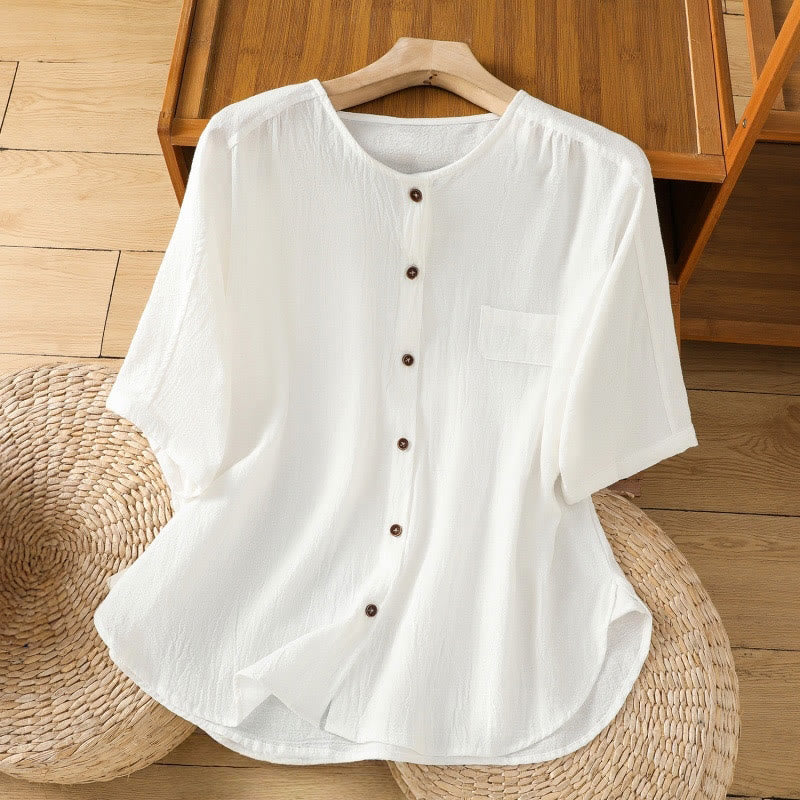 Chemise décontractée en coton et lin à manches mi-longues et boutons unis avec poches pour femme Motif Buddha Stones - Blanc - US8-10，UK/AU12-14，EU40-42 (2XL) - image 17