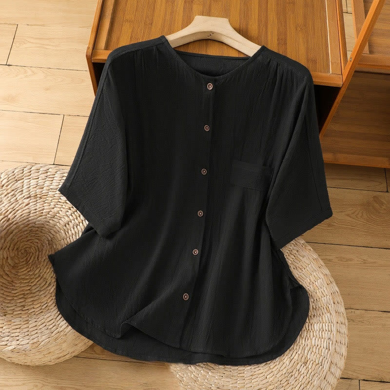 Chemise décontractée en coton et lin à manches mi-longues et boutons unis avec poches pour femme Motif Buddha Stones - Noir - US8-10，UK/AU12-14，EU40-42 (2XL) - image 9