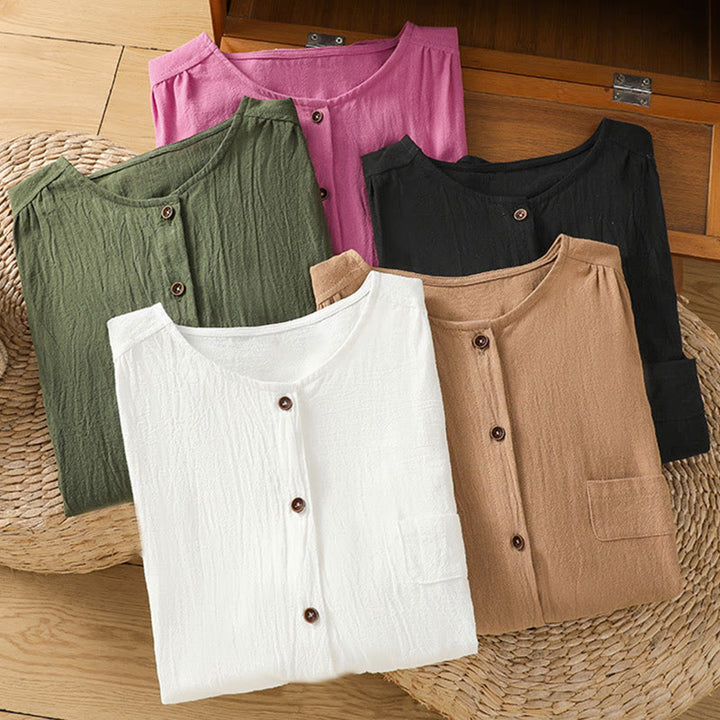 Chemise décontractée en coton et lin à manches mi-longues et boutons unis avec poches pour femme Motif Buddha Stones - image 41
