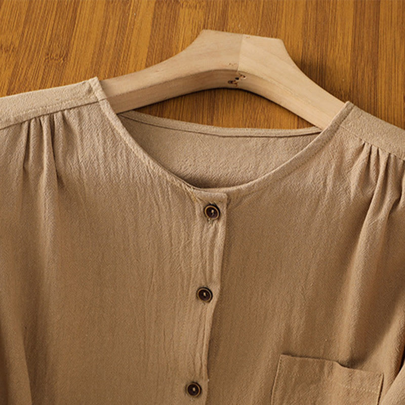 Chemise décontractée en coton et lin à manches mi-longues et boutons unis avec poches pour femme Motif Buddha Stones - image 27