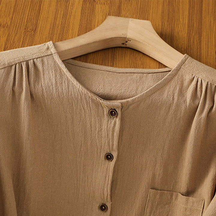 Chemise décontractée en coton et lin à manches mi-longues et boutons unis avec poches pour femme Motif Buddha Stones - image 27