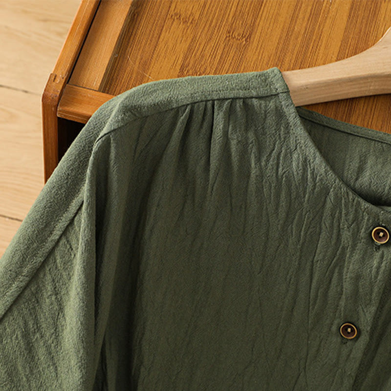 Chemise décontractée en coton et lin à manches mi-longues et boutons unis avec poches pour femme Motif Buddha Stones - image 4