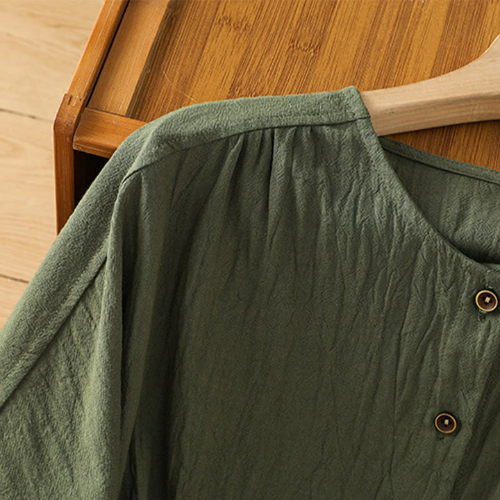 Chemise décontractée en coton et lin à manches mi-longues et boutons unis avec poches pour femme Motif Buddha Stones - image 4