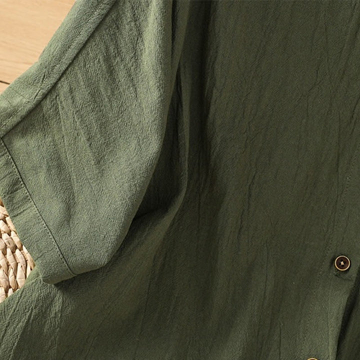 Chemise décontractée en coton et lin à manches mi-longues et boutons unis avec poches pour femme Motif Buddha Stones - image 6