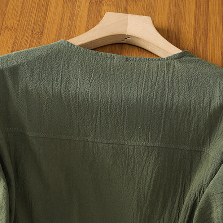 Chemise décontractée en coton et lin à manches mi-longues et boutons unis avec poches pour femme Motif Buddha Stones - image 3