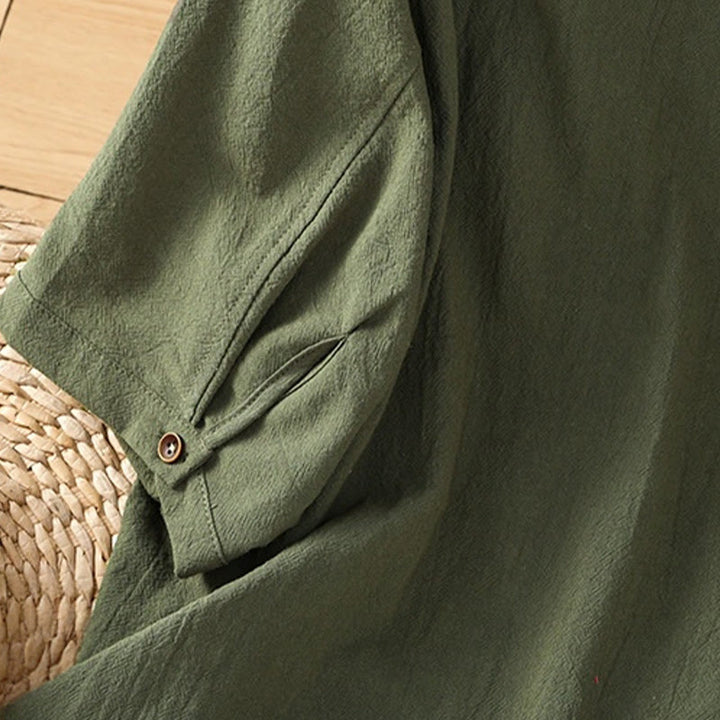 Chemise décontractée en coton et lin à manches mi-longues et boutons unis avec poches pour femme Motif Buddha Stones - image 7