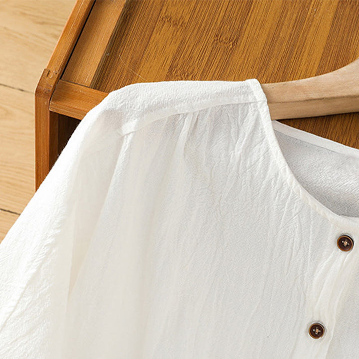 Chemise décontractée en coton et lin à manches mi-longues et boutons unis avec poches pour femme Motif Buddha Stones - image 19