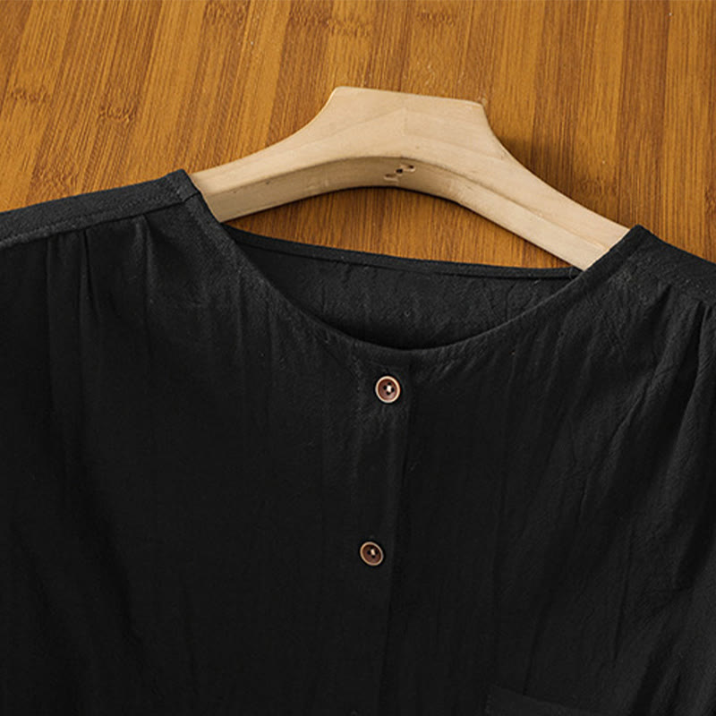 Chemise décontractée en coton et lin à manches mi-longues et boutons unis avec poches pour femme Motif Buddha Stones - image 13